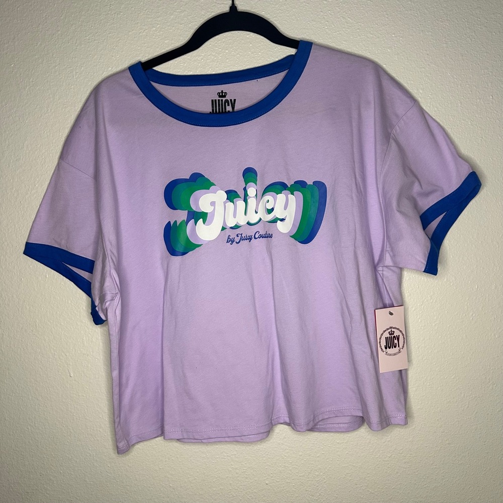 Juicy by Juicy Couture Womens XXL Ringer Tee Lilac Sky Blue Logo Graphic Shirt
